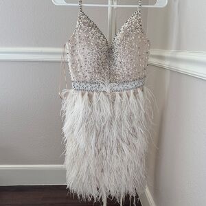 Jovani Silver and Cream Backless Dress